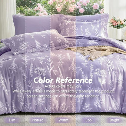 MUXHOMO Lavender Purple Full Comforter Set, Elegant Floral Print Bed in a Bag 7 Pieces, Ultra Soft & Breathable Reversible Botanical Pattern Bedding Set with Comforter, Sheets, Pillowcases, and Shams
