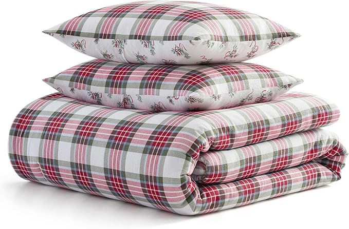 Martha Stewart - Twin Bedding Comforter Sets, Wonderfully Plush & Naturally Soft Cotton Flannel Bedding w/Matching Pillowcases, 2 Piece Bed Sets (Yuletide Spruce Plaid/Holiday Ribbons Red)
