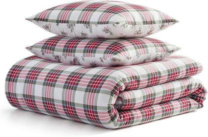 Martha Stewart - King Bedding Comforter Sets, Wonderfully Plush & Naturally Soft Cotton Flannel Bedding w/Matching Pillowcases, 3 Piece Bed Sets (Yuletide Spruce Plaid/Holiday Ribbons Red)