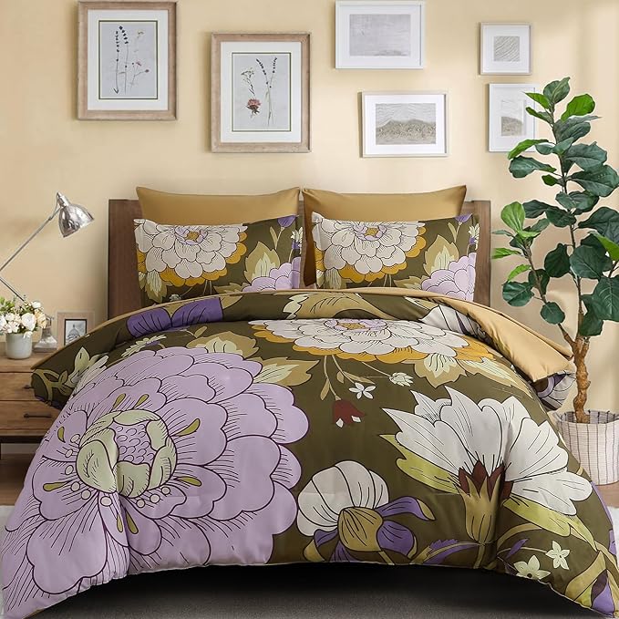 DJY 7 Pieces Brown Floral Comforter Set Queen Size Botanical Bed in a Bag, Soft Microfiber Boho Farmhouse Bedding Floral Comforter with Sheets Set for All Season (90''x90'')