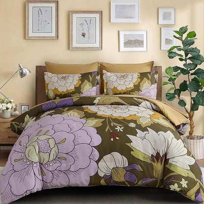 DJY 7 Pieces Brown Floral Comforter Set Queen Size Botanical Bed in a Bag, Soft Microfiber Boho Farmhouse Bedding Floral Comforter with Sheets Set for All Season (90''x90'')