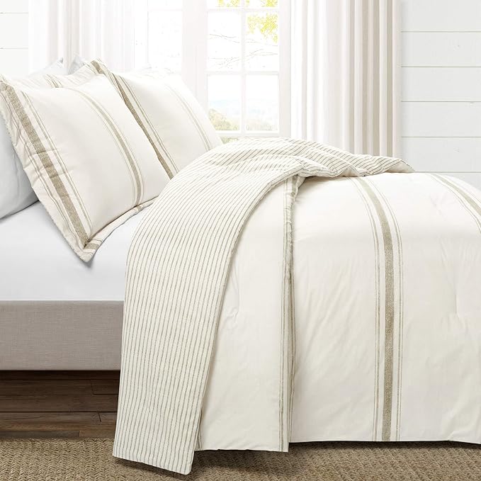 Lush Decor Farmhouse Stripe Reversible Cotton Comforter Set, 3 Piece Set, King, Neutral - Cozy Farmhouse Bedding Set - Rustic Decor - Striped Comforter - Modern Farmhouse Bedroom Decor