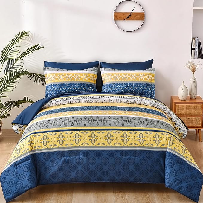 WONGS BEDDING Boho Comforter Set King, 7 Pieces Navy Blue and Yellow Comforter Set Bohemian Bed in A Bag Striped Paisley Floral Comforter and Sheet Set Soft Microfiber Bedding Set for All Season