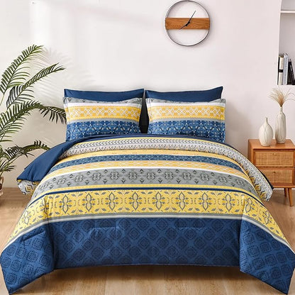WONGS BEDDING Boho Comforters Set Queen, 7 Pieces Navy Blue and Yellow Comforter Sets Bohemian Bed in a Bag Striped Comforter Set Soft Microfiber Paisley Floral Comforter and Sheet Set for All Season
