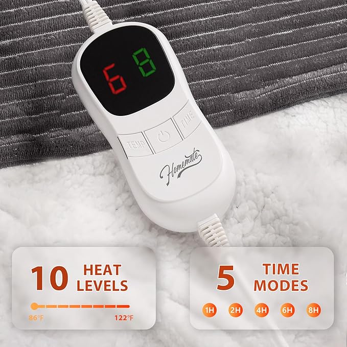Homemate Electric Heated Blanket Twin Size - 62"x84" Heating Blanket Twin Size 1/2/4/6/8 Hours Auto-Off 10 Heat Level Over-Heat Protection Soft Flannel Sherpa ETL Certification