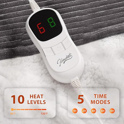 Homemate Heated Blanket Electric Throw - 50"x60" Heating Blanket Throw 1/2/4/6/8 Hours Auto-Off 10 Heat Levels Over-Heat Protection Soft Flannel Sherpa Heater ETL Certification