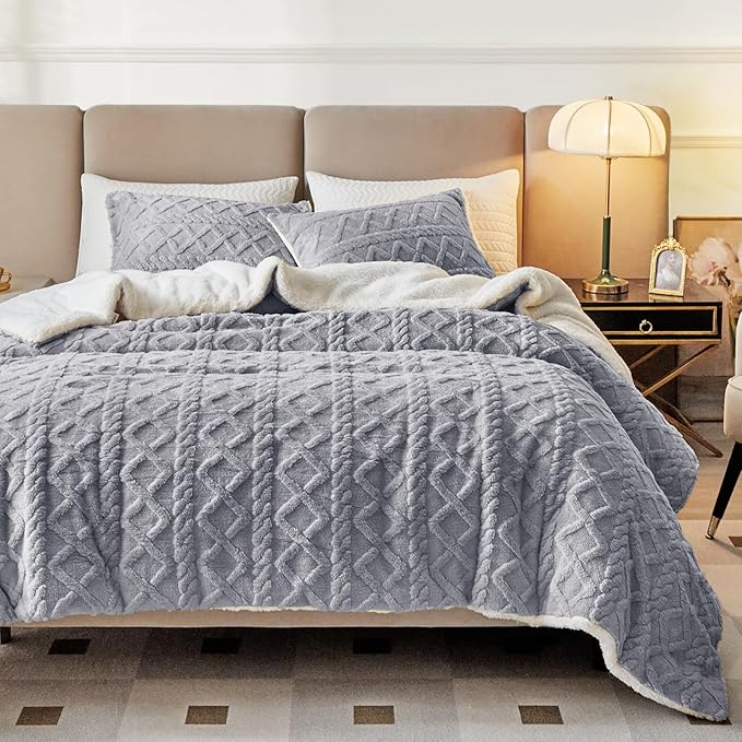 Joyreap 3-Piece Fluffy Faux Fur Sherpa Comforter Set Light Gray, Twin Size Luxury Tufted Bedding Comforter Set, All Season Soft n Cozy Plush Comforter Bed Set- 68x86 inches