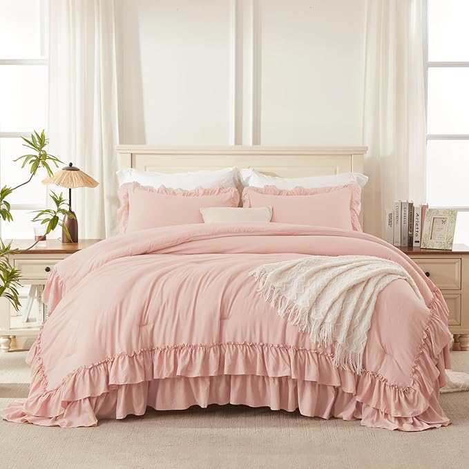 Andency Twin XL Ruffle Comforter Set, 2 Pieces Shabby Chic Farmhouse Bedding Set, Lightweight Soft Comforter Set 68×92In for Girls Women (1 Comforter 1 Pillowcase), Blush