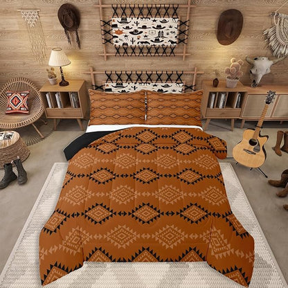 Erosebridal Queen Rustic Western Comforter Set for Boys, Southwestern Aztec Bedding Set for Teens Men Bedroom, Exotic American Native Bedding Comforter Sets Vintage Bohemian Geometric Quilt, Brown
