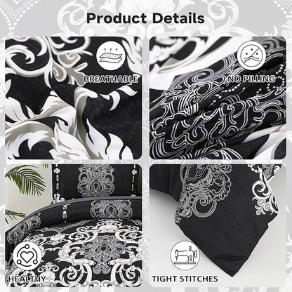 Mybedsoul Queen Comforter Set, 7 Pieces Boho Bed in a Bag for Queen Bed, Black Damask Comforter Set with Sheets, Pillowcases & Shams, Soft Microfiber Lightweight Bedding Sets for All Season(90"x90")