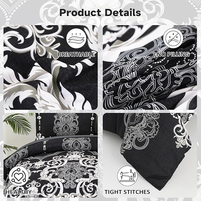 Mybedsoul King Size comforter set, 7 Pieces Boho Bed in a Bag for King Bed, Black Damask Comforter Set with Sheet, Pillowcases & Shams, Soft Microfiber Lightweight Bedding Set for All Season(90"x104")