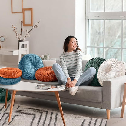 2 Pcs Round Throw Pillows Pleated Velvet Pumpkin Round Pillows Floor Cushion for Living Room Couch Chair Bed Sofa 15.7"x15.7"/13.8" x 13.8" (Beige)