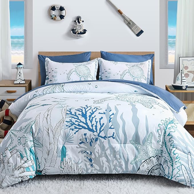 Coastal Comforter Set Queen, Seaweed & Turtle Comforters 7 Pieces Ocean Coral Bed in a Bag Nautical Bedding with Sheets for Spring Summer Decor