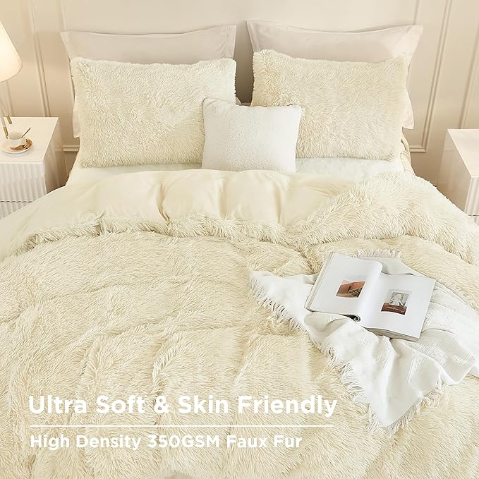 Andency Faux Fur Beige Comforter Set Full Size, 3 Pieces Fluffy Fuzzy Plush Bedding Comforter Set (1 Shaggy Velvet Comforter & 2 Pillowcases), Soft Puffy Comfy Down Alternative Comforter Bedding Set