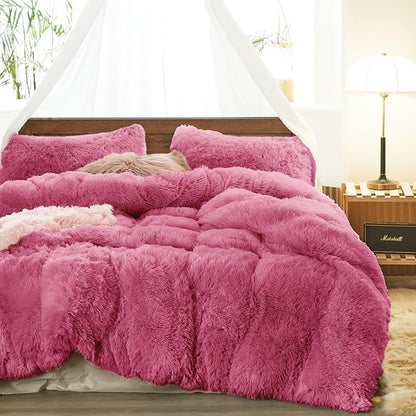 Purple Pink Faux Fur Comforter Set Queen 3 Pieces - 1 Shaggy Comforter 88*88 with 2 Pillowcases - Ultra Soft and Easy Care Luxury Plush Warm Winter fluffy Fleece Duvet Set for Cold Winter