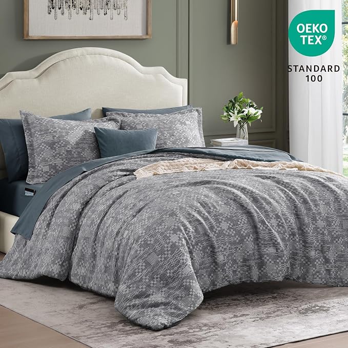 MaiRêve Queen Comforter Set Navy Blue, Crinkle Textured Design Bedding Set 7 Pieces Bed in A Bag, All Season Farmhouse Comforter Set with Sheets, Pillowcases & Shams