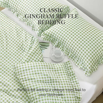 Andency Sage Gingham Ruffle Comforter Twin(66x90Inch), 2 Pieces(1 Ruffled Comforter and 1 Pillowcase) Solid Farmhouse Shabby Chic Bed, Vintage Rustic Soft Microfiber Bedding Set