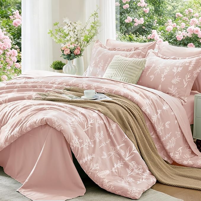 MUXHOMO Cameo Pink Full Comforter Set, Elegant Floral Print Bed in a Bag 7 Pieces, Ultra Soft & Breathable Reversible Botanical Pattern Bedding Set with Comforter, Sheets, Pillowcases, and Shams