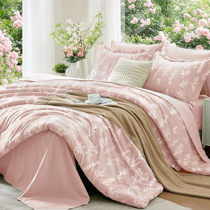 MUXHOMO Cameo Pink Bed in a Bag Queen 7 Pieces, Queen Comforter Set Reversible Botanical Flowers Design, Ultra Soft & Breathable Bedding Sets with Comforter, Sheets, Pillowcases & Shams