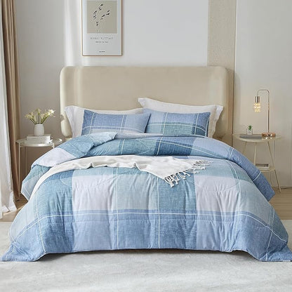 mixinni Full Comforter Set for Boys Simple Style Modern Geometric Blue Checkered Plaid Printed Cofmorter for All Season,1 Lightweight Comfroter and 2 Pillow Shams-Full Size