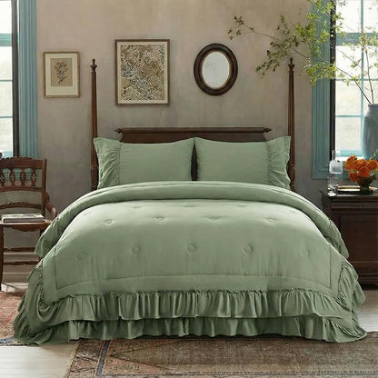 Bedding_Dreamer Sage Green Queen Size Comforter Set, 3-Piece Shabby Chic Ruffle Bedding, Soft Microfiber Boho Farmhouse Comforter for All Seasons