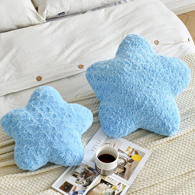 Star Pillow, 19.7" Star Shaped Plush Pillow for Couch Bed Sofa, Cute Decorative Throw Pillows with Soft Faux Fur Room Decor for Bedroom Living Room (Blue)