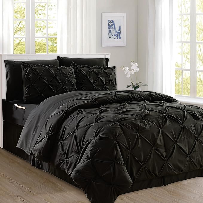 Elegant Comfort 8-Piece Pinch Pleated Comforter Set - All Season Complete Bed in a Bag, Includes 4pc Smart Sheet Set, Bed Skirt, Comforter, Matching Pillowcases and Shams, King/Cal King, Black