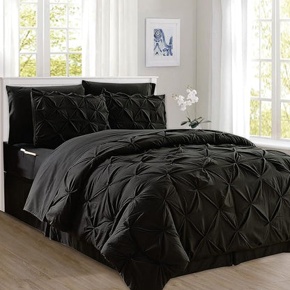 Elegant Comfort 8-Piece Pinch Pleated Comforter Set - All Season Complete Bed in a Bag, Includes 4pc Smart Sheet Set, Bed Skirt, Comforter, Matching Pillowcases and Shams, King/Cal King, Black
