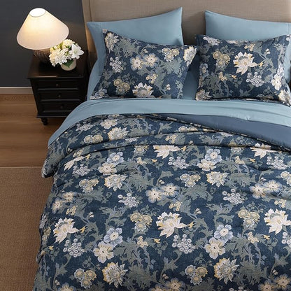 Full Comforter Set -7 Pieces Floral Antique Blue Comforter Set for All Seasons, Bed in a Bag Full with Botanical Flowers Comforter, Sheets, Pillowcases & Shams