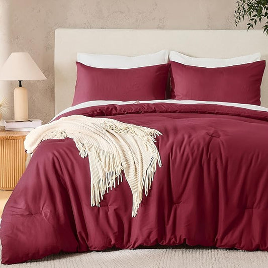 Andency Burgundy Twin XL Size Comforter Set, 2 Pieces Boho Solid Modern Bedding Comforters & Sets, All Season Soft Lightweight Fluffy Bed Set for Kids, Girls, Dorm (68×92Inch Comforter & 1 Pillowcase)