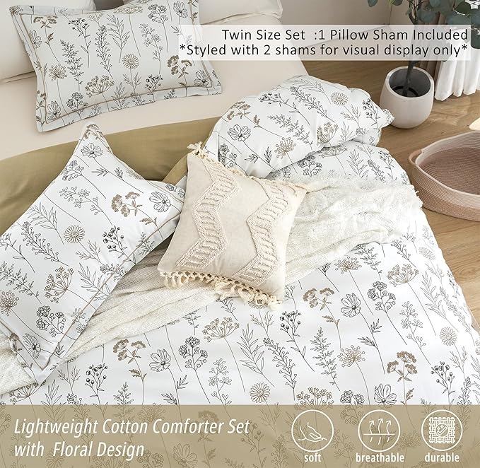 White Botanical Cotton Comforter Twin Size - 2PC Lightweight Bedding Sets with Down Alternative Fill, Luxurious Pale Mustard Reversible Design (1 Comforter, 1 Pillowsham)