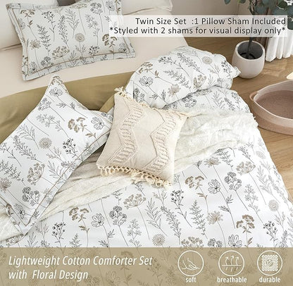 White Botanical Cotton Comforter Twin Size - 2PC Lightweight Bedding Sets with Down Alternative Fill, Luxurious Pale Mustard Reversible Design (1 Comforter, 1 Pillowsham)