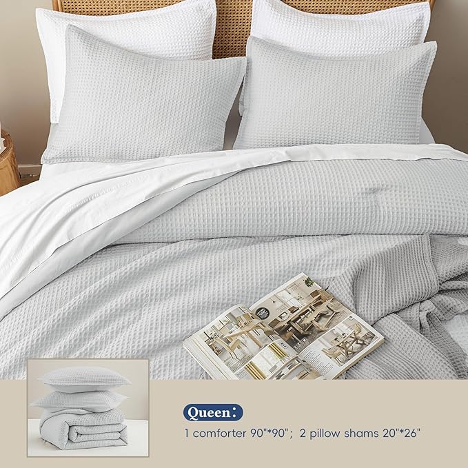 David's Home Waffle Weave Comforter Set 3PCS Queen Size, Soft Breathable Lightweight Cozy Skin-Friendly Warm for All Season, Elegant Aesthetic Home Decor Bedding Set with Pillow Shams, Light Grey
