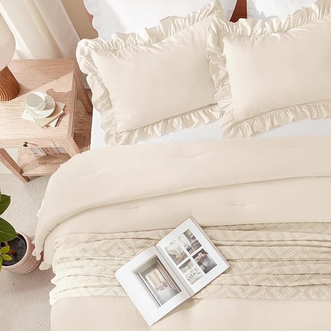 Andency Oversized King Comforter Set 120x98, 3 Pieces Ruffle Shabby Chic Famhouse Bedding Set, All Season Lightweight Fluffy Bed Set for Girls Women, Beige