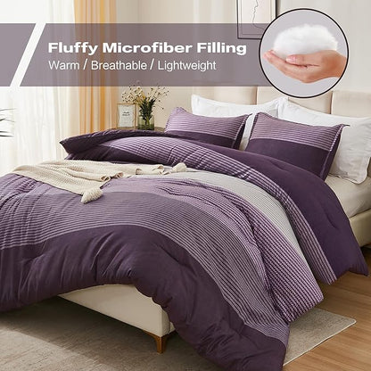 Litanika Purple Comforter Set Super King - 3 Pieces Lightweight Gray Purple Colorblock Stripe Fluffy Bedding Comforter Sets, All Season Bed Set