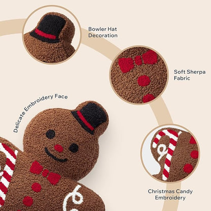 Phantoscope Gingerbread Series Merry Christmas Throw Pillow, Plush Teddy Sherpa Mr. Gingerbread Xmas Shaped Christmas Decorative Pillow with Hat & Cane for Couch Living, Bedroom, Coffee, 13x19 inches