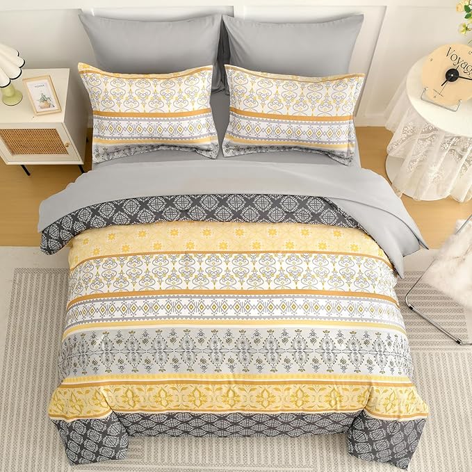 WONGS BEDDING Boho Comforter Set Queen Size,7 Pieces Bed in a Bag Bohemian Striped Bedding Set,Yellow Paisley Floral Comfortet and Sheet Set,Soft Microfiber Bedding Sets for All Season