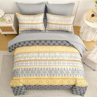 WONGS BEDDING Boho Comforter Set Queen Size,7 Pieces Bed in a Bag Bohemian Striped Bedding Set,Yellow Paisley Floral Comfortet and Sheet Set,Soft Microfiber Bedding Sets for All Season