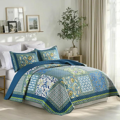 King Quilt Set for Bed - 100% Cotton Quilts Patchwork Comforter Coverlet Bedspread Reversible 90"x104" with 2 Pillow Shams