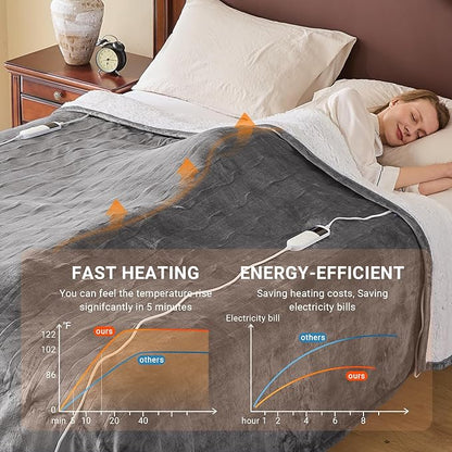 Electric Heated Blanket Throw Size 50''x60'' Soft Flannel & Sherpa Electric Blanket with 10 Heating Levels, Automatically Shut Down After 8h with Overheat Protection Machine Washable
