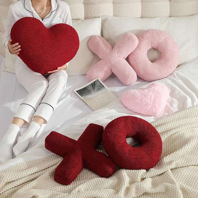 EastTree XO Pillows, Valentines Love XO Shaped Pillow, Red Throw Pillows, Love Pillow Gifts, Ultra Soft Teddy Fleece Wedding Pillows, Women Girls Kid Room Decor, Valentine's Day Decor 14x14 Inch