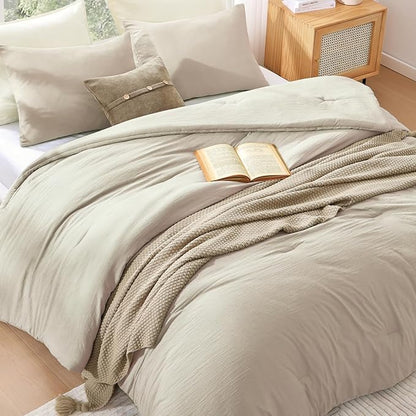 WRENSONGE Queen Comforter Set - 3 Pieces Prewashed Light Oatmeal Comforter Soft Lightweight for All Seasons,Down Alternative Comforters Queen Size with 2 Pillow Shams
