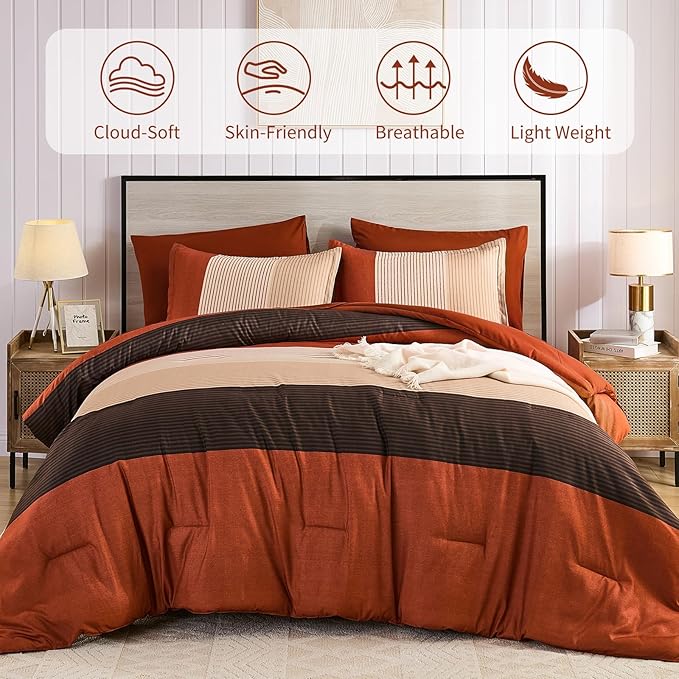 Anibedding Terracotta Queen Comforter Set 7 Pieces, Burnt Orange Bedding Comforter Set for All Season, Patchwork Striped Bed in a Bag with Sheets