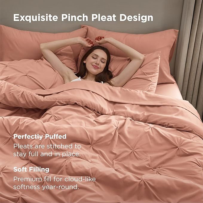 Bedsure Queen Comforter Set Dusty Pink - Bed in a Bag Queen Size Bedding 7 Pieces, GentleSoft™ Pintuck Bed Set Gift for Family, Pinch Pleat All Season Comforter with Sheets, Pillowcases & Shams