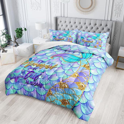 Blue Mermaid Tail Comforter Sets King Size，Bedding Sets 3PCS for Kids,Blue Starfish Bedding Sets All Season 1 Comforter and 2 Pillowcases