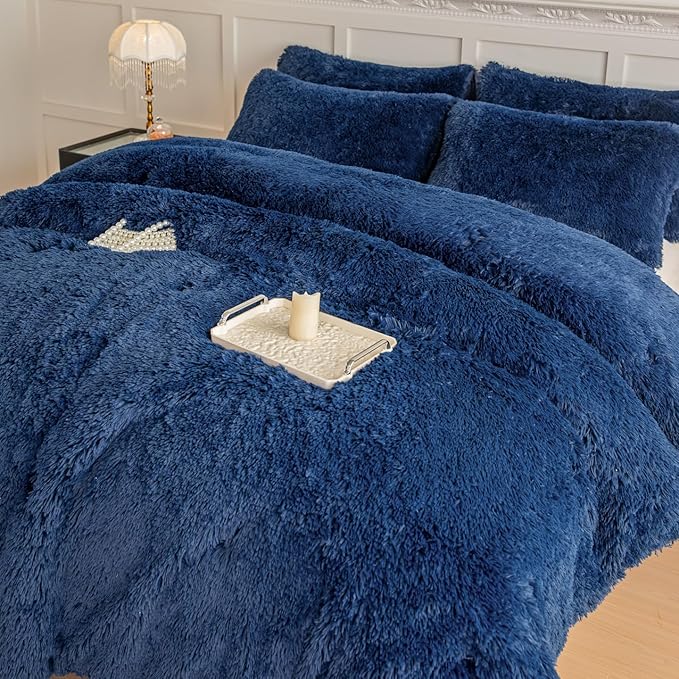 chovy Faux Fur Plush Royal Blue Comforter Sets King - Ultra Soft Shaggy Flannel Velvet Fluffy Fuzzy 3PC Bedding Set (Comforter x 1 Pillowcases x 2)