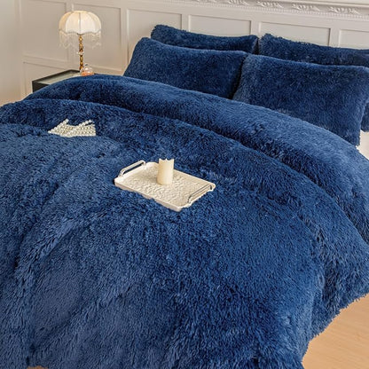 chovy Faux Fur Plush Royal Blue Comforter Sets Twin/Full Size - Ultra Soft Shaggy Flannel Velvet Fluffy Fuzzy 3PC Bedding Set （Comforter x 1 Pillowcases x 2）
