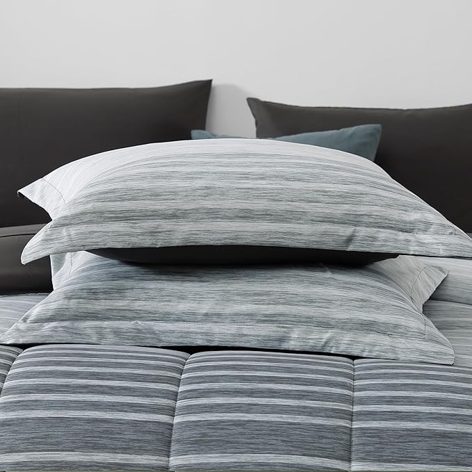 Monbix Full Size Comforter Set - 7 Pieces Bed in a Bag Full, Grey-Stripe Bedding Sets, All Seasons Comforter Bed Set with Sheets, Pillowcases & Shams
