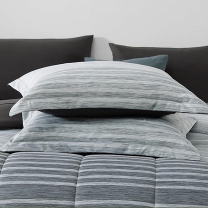 Monbix Full Size Comforter Set - 7 Pieces Bed in a Bag Full, Grey-Stripe Bedding Sets, All Seasons Comforter Bed Set with Sheets, Pillowcases & Shams