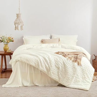 Love's cabin Seersucker Ivory Queen Comforter Set, 7-Piece All Season Lightweight Bed in a Bag Bedding Set with Comforter, Flat Sheet, Fitted Sheet, Pillowcases and Shams | Soft, Breathable, Lightweight